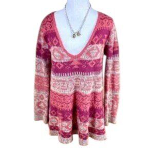 Free People Sweater Fair Isle Wool Blend V-Neck Red Pink (S)